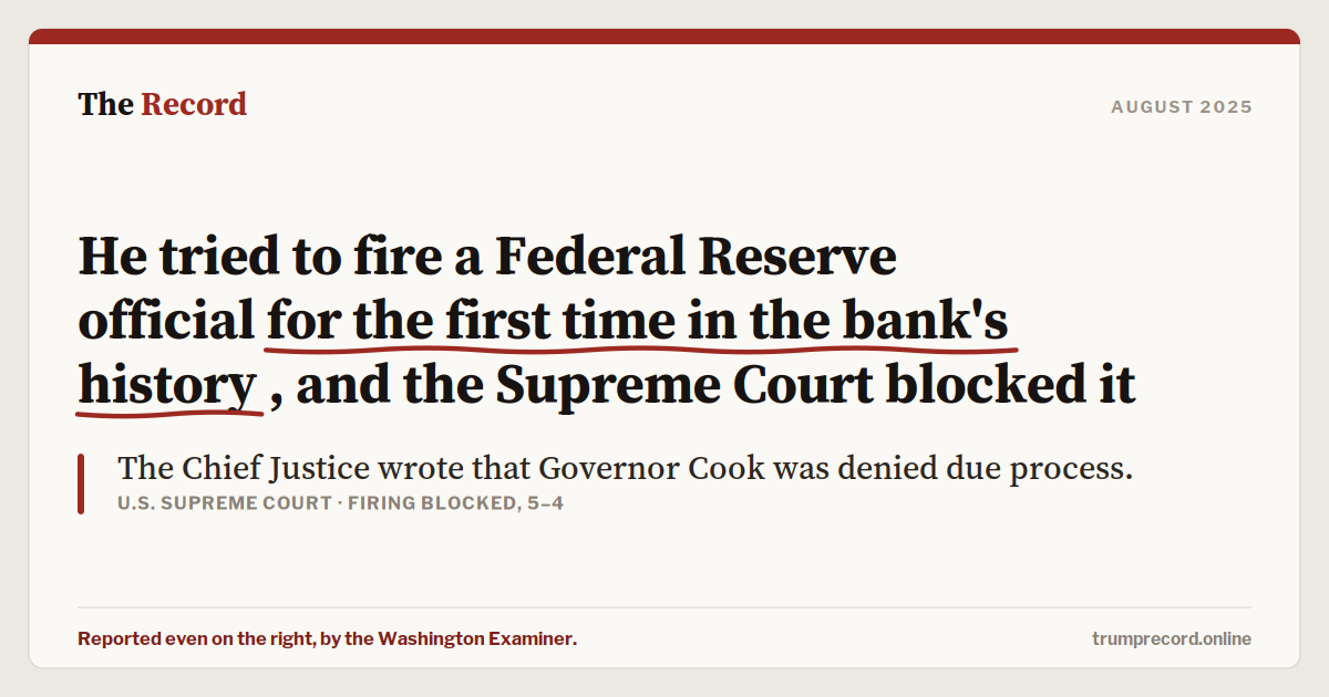 He tried to fire a Federal Reserve official for the first time in the bank's history, and the Supreme Court blocked it.