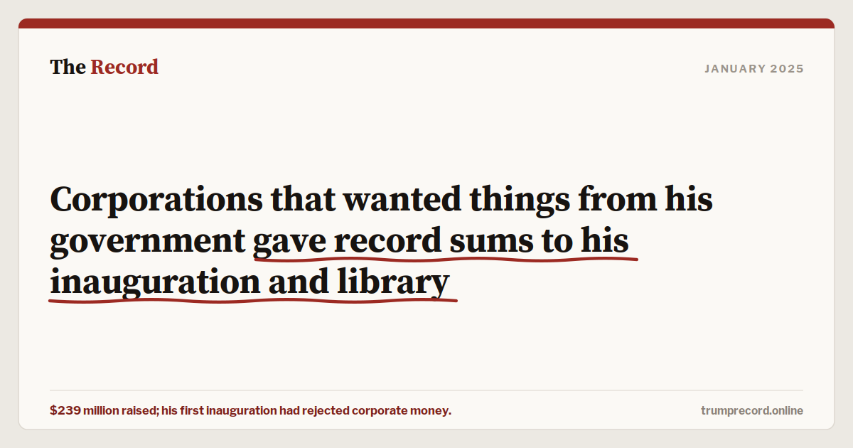 Corporations that wanted things from his government gave record sums to his inauguration and library.