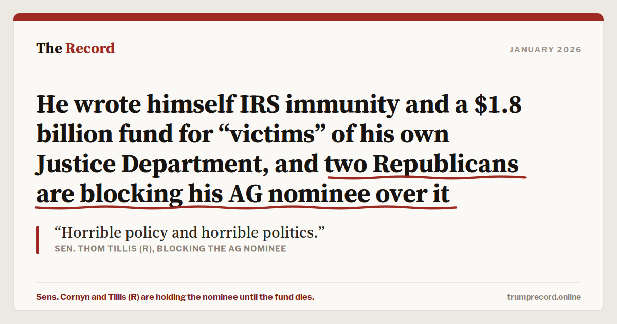 He sued the IRS for $10 billion, then his own Justice Department settled the case with itself, handing him permanent tax immunity and a $1.8 billion fund for “victims” of federal investigations. Thirty-five former judges from both parties called it “a fraud on the court.”