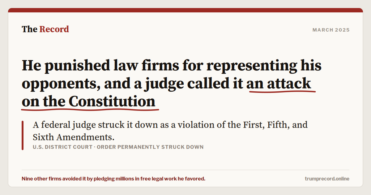 He punished law firms for representing his opponents, and a judge called it an attack on the Constitution.