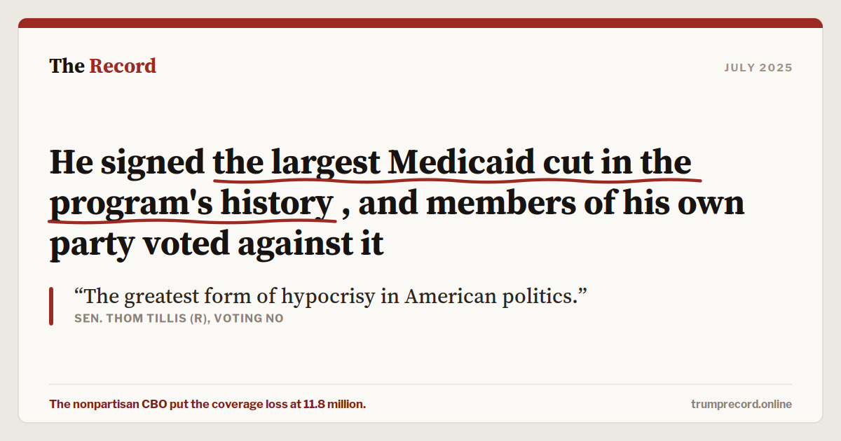 He signed the largest Medicaid cut in the program's history, and members of his own party voted against it.