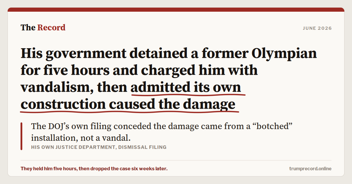 His government detained a former Olympian for five hours and charged him with vandalism, then admitted its own construction caused the damage.