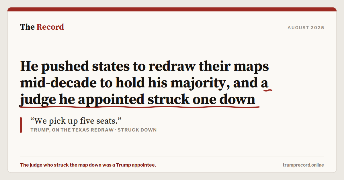 He pushed states to redraw their maps mid-decade to hold his majority, and a judge he appointed struck one down.
